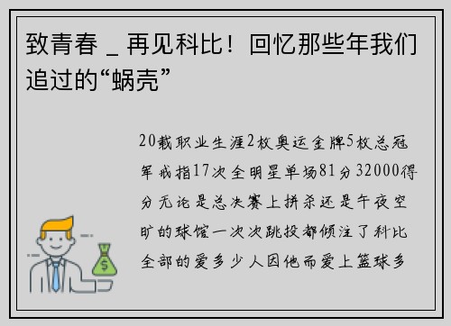 致青春 _ 再见科比！回忆那些年我们追过的“蜗壳”