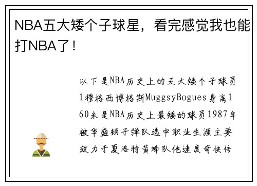 NBA五大矮个子球星，看完感觉我也能打NBA了！