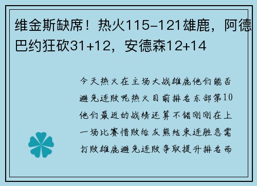 维金斯缺席！热火115-121雄鹿，阿德巴约狂砍31+12，安德森12+14